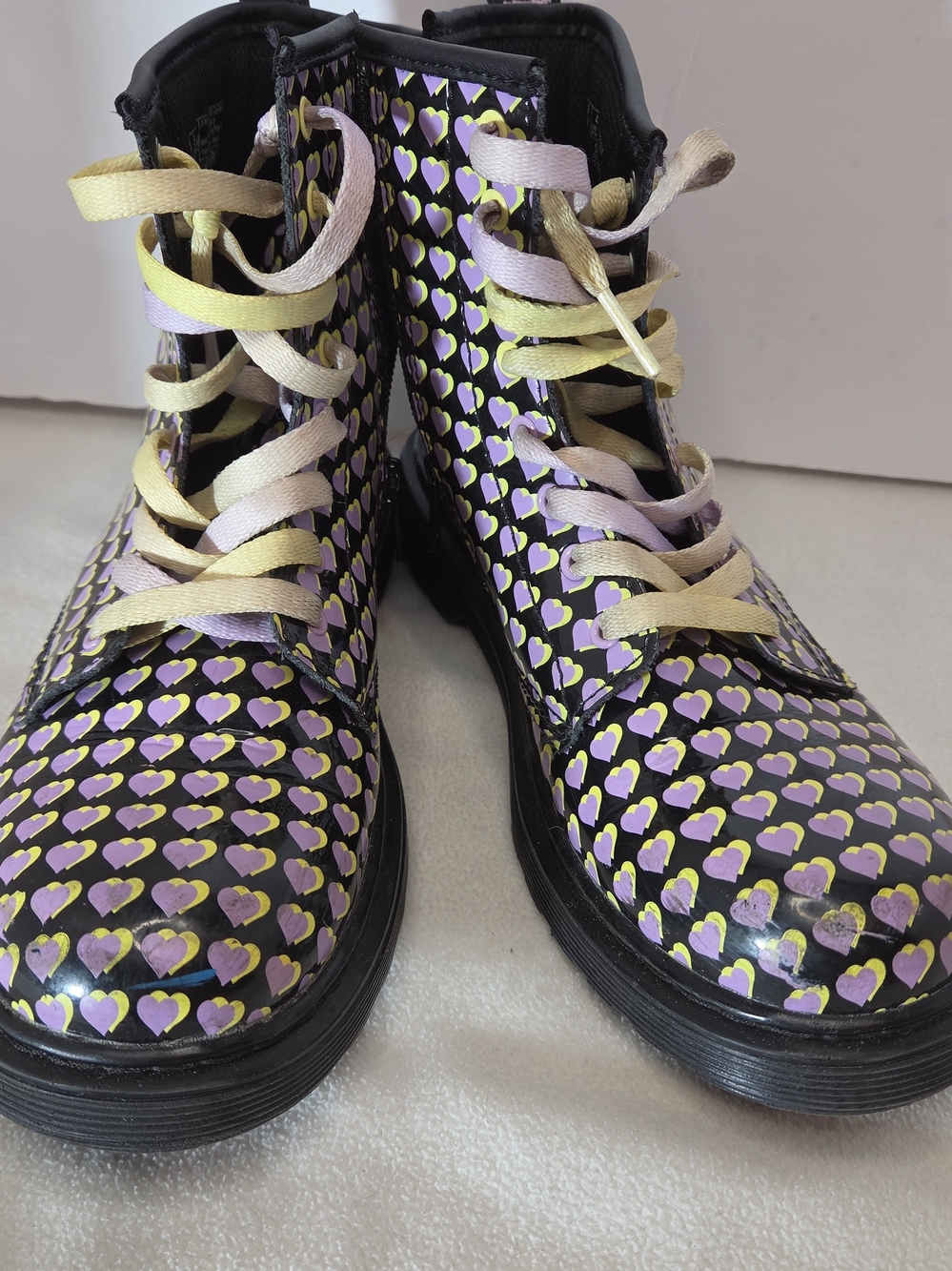 Dr. Martens Women's Black Combat Boots with Purple and Yellow Heart Pattern W 5 - Picture 4 of 8